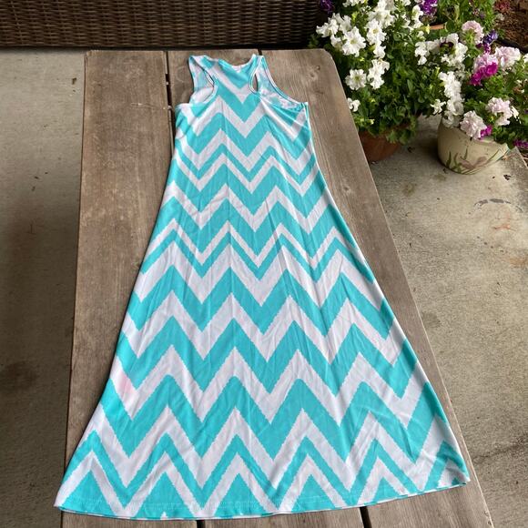 Whoops! Girls Dress Size 10 12 Maxi Blue White Chevron Sleeveless Tank - Picture 9 of 10